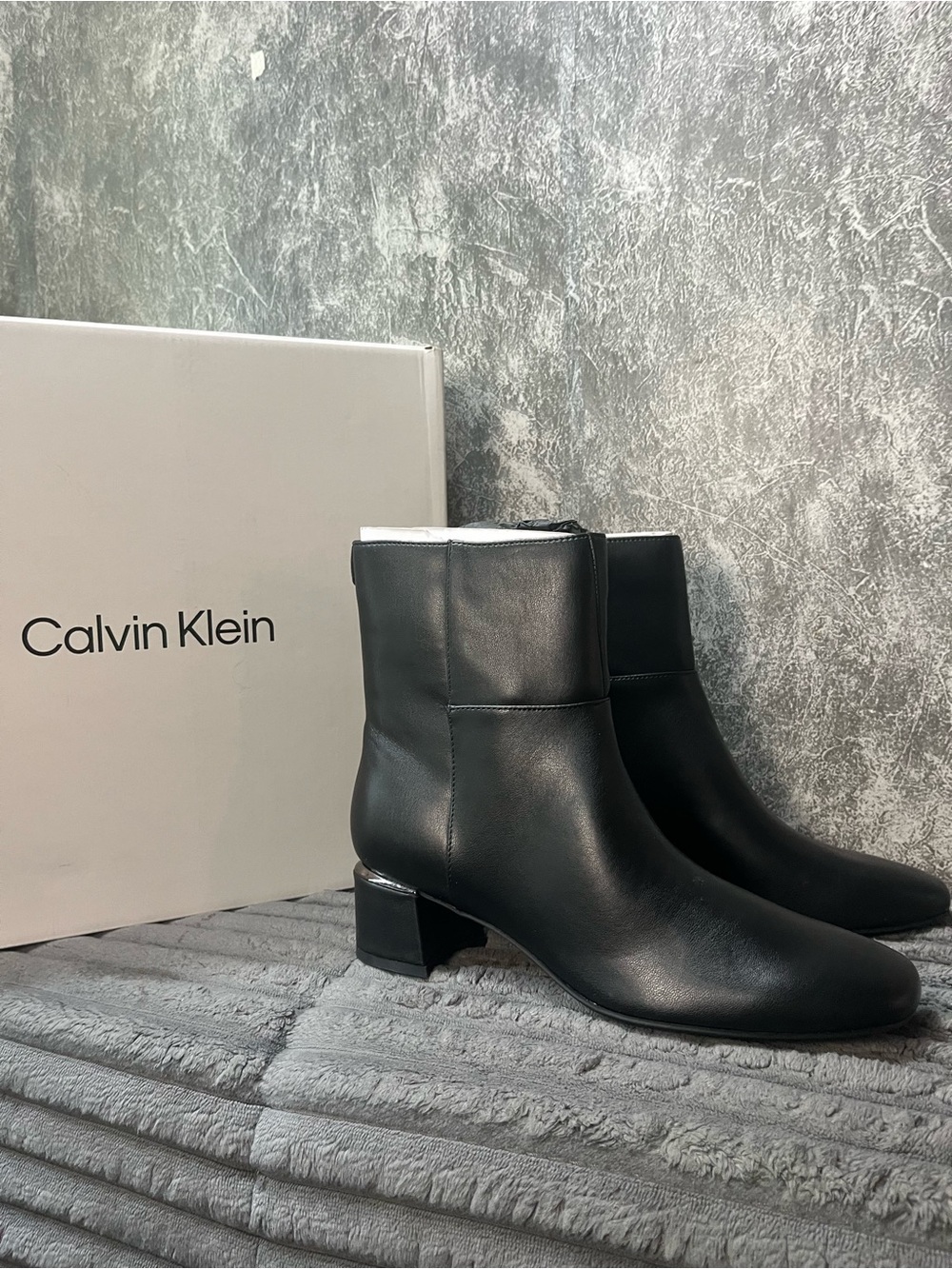 Calvin Klein Black Leather Mid-Heel Ankle Booties
